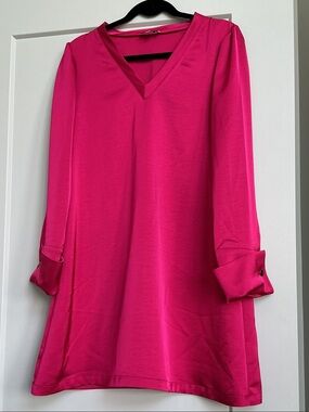 V-Neck Long Sleeve Tunic Dress in Fuchsia Pink